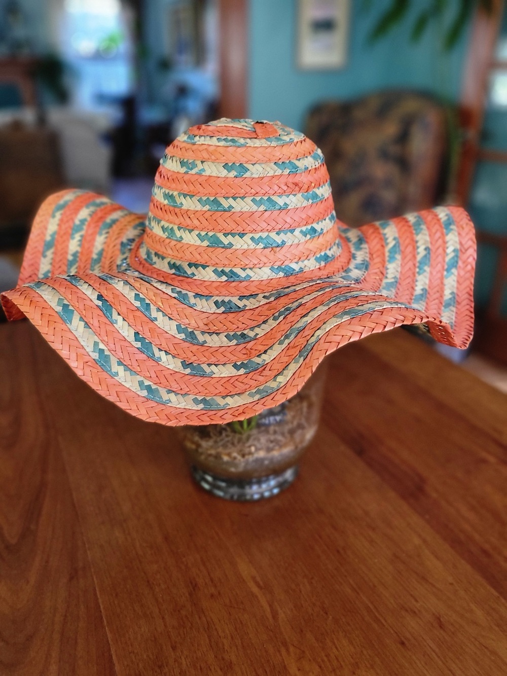Handwoven Philippines Orange Green Wavy Wide Brim Straw Hat NWOT